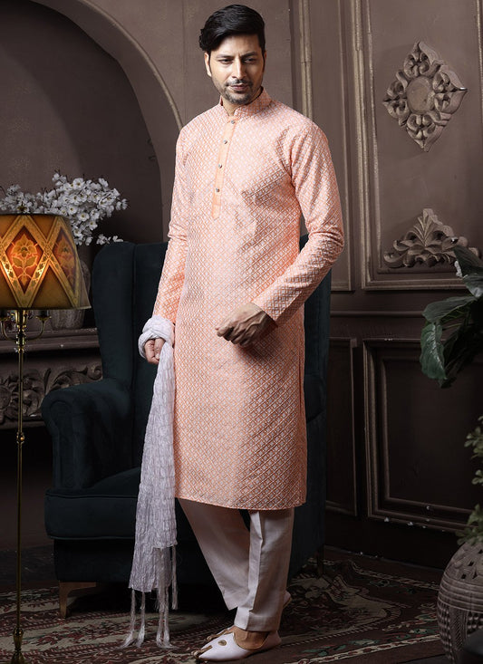 Kurta Pyjama Lucknowi Silk Peach Embroidered Mens