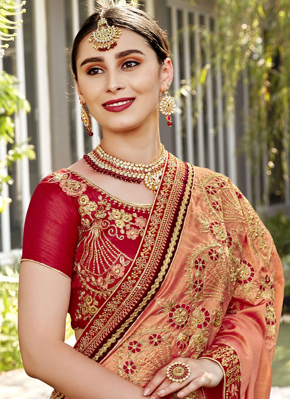 Trendy Saree Vichitra Silk Peach Diamond Saree