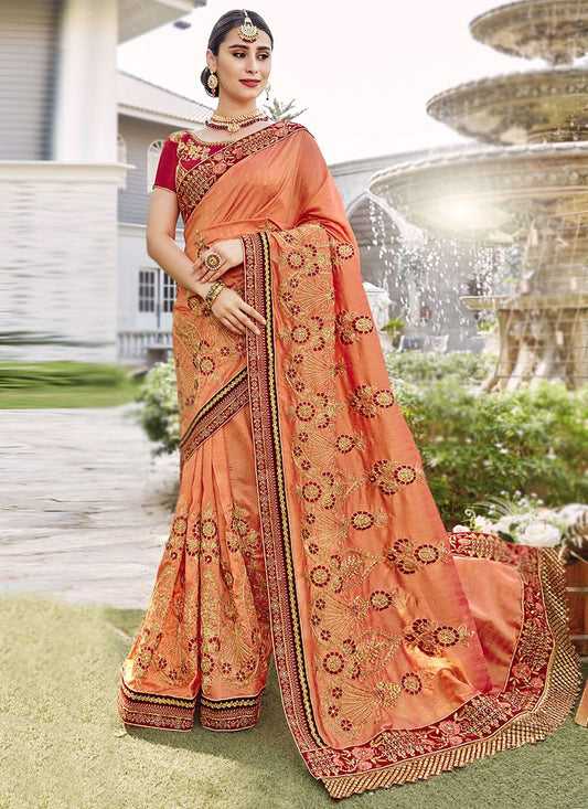 Trendy Saree Vichitra Silk Peach Diamond Saree