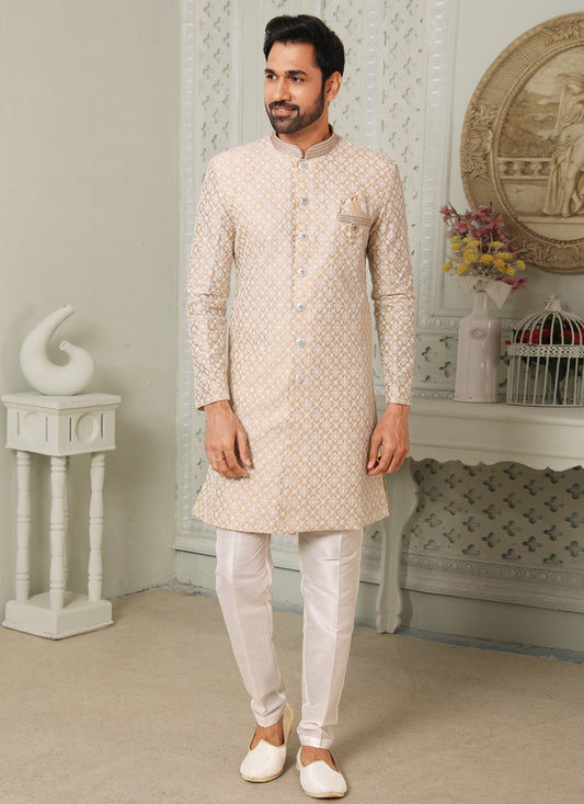 Indo Western Art Silk Peach Embroidered Mens