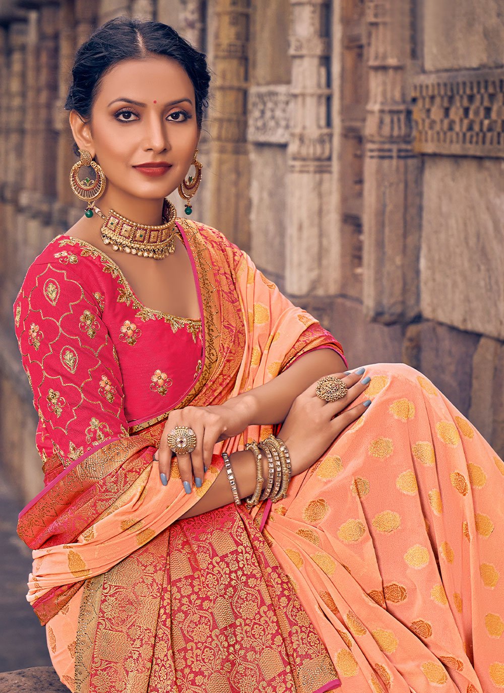 Classic Georgette Peach Embroidered Saree