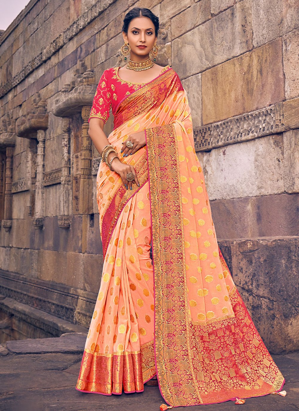 Classic Georgette Peach Embroidered Saree