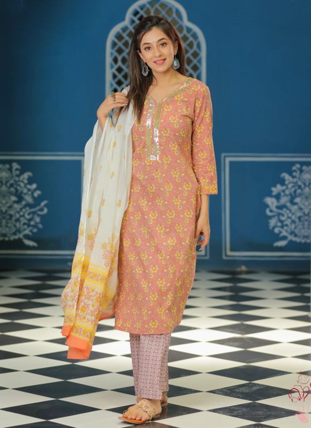 Designer Kurti Cotton Peach Fancy Work Kurtis