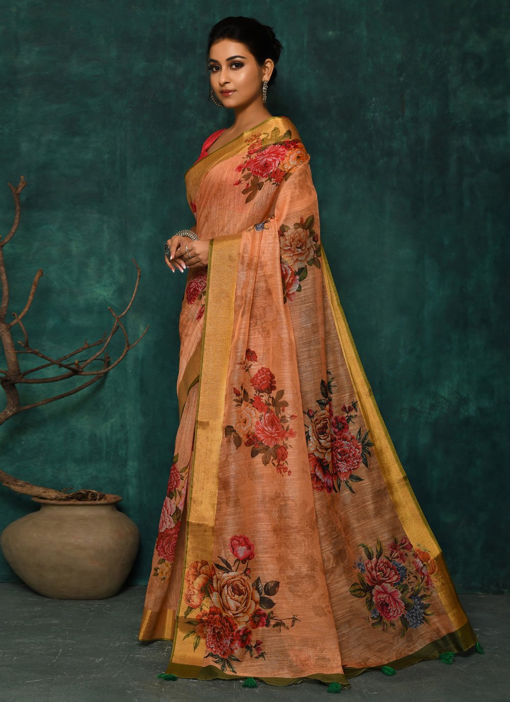 Designer Fancy Fabric Peach Digital Print Saree