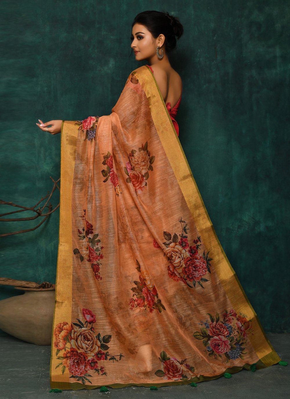 Designer Fancy Fabric Peach Digital Print Saree