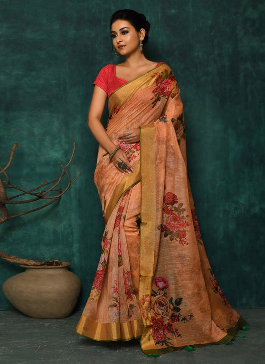 Designer Fancy Fabric Peach Digital Print Saree