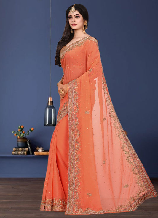 Classic Georgette Peach Hand Work Saree