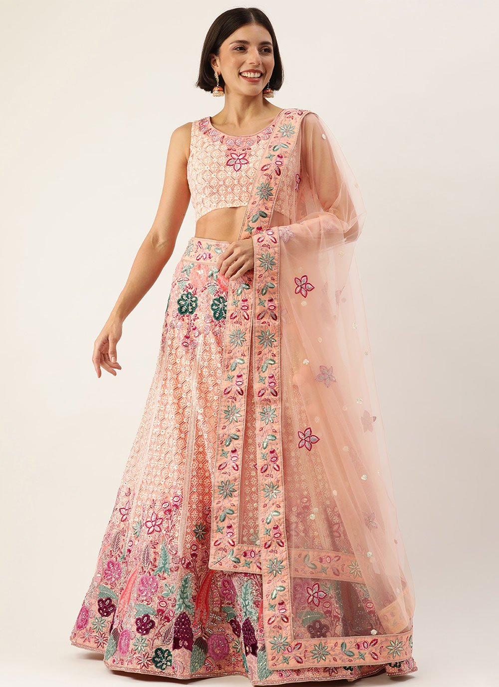 Lehenga Choli Net Peach Fancy Work Lehenga Choli