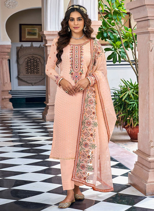 Pant Style Suit Chinon Peach Embroidered Salwar Kameez