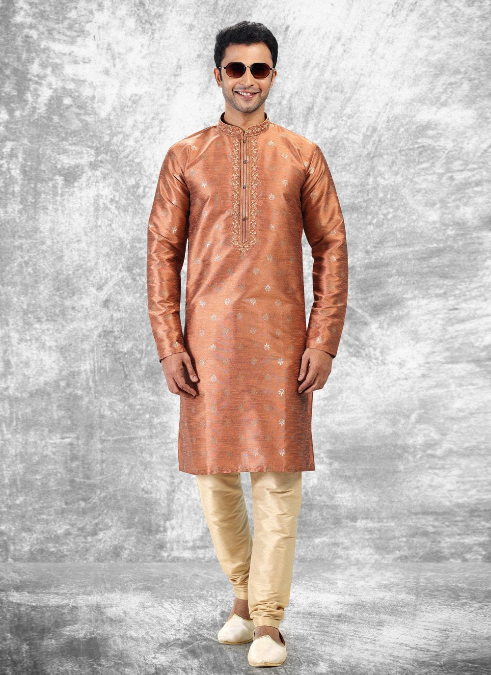 Kurta Pyjama Brocade Jacquard Silk Peach Fancy Work Mens