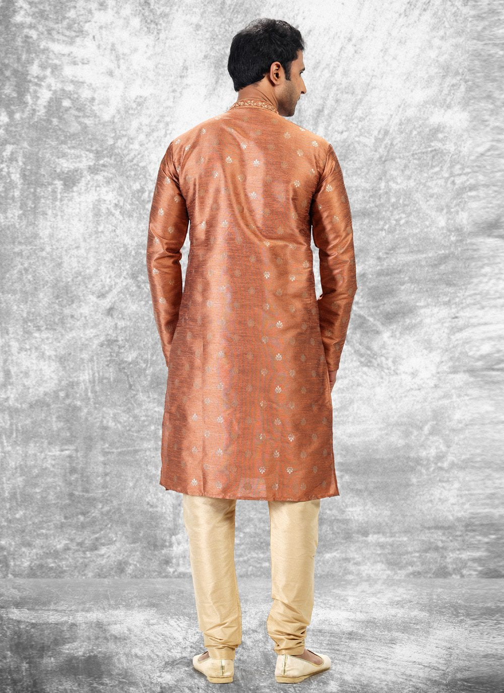 Kurta Pyjama Brocade Jacquard Silk Peach Fancy Work Mens