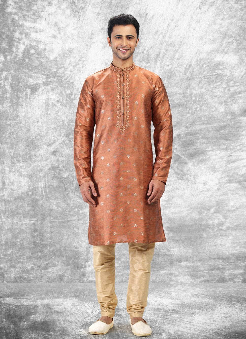 Kurta Pyjama Brocade Jacquard Silk Peach Fancy Work Mens