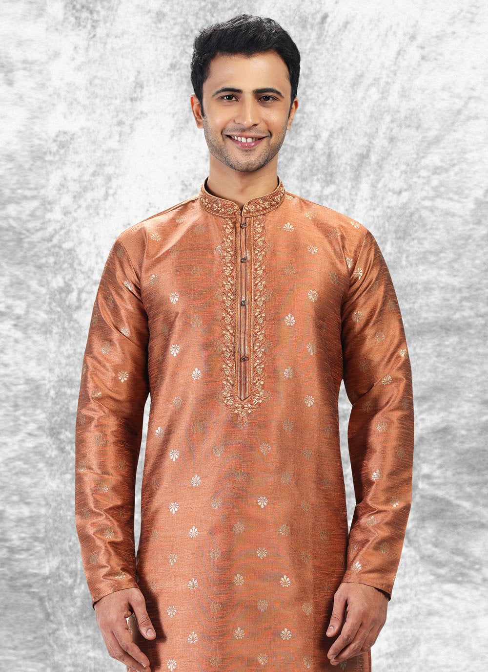 Kurta Pyjama Brocade Jacquard Silk Peach Fancy Work Mens