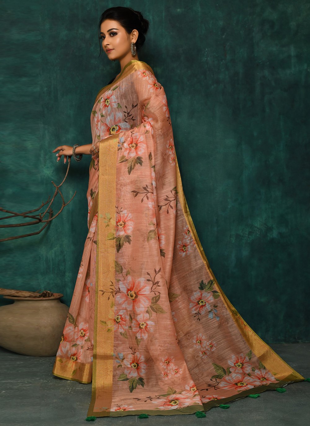 Designer Fancy Fabric Peach Digital Print Saree