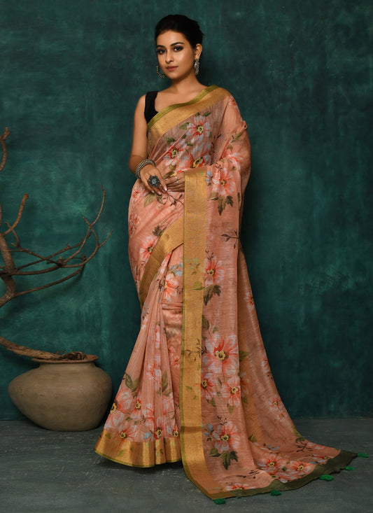 Designer Fancy Fabric Peach Digital Print Saree