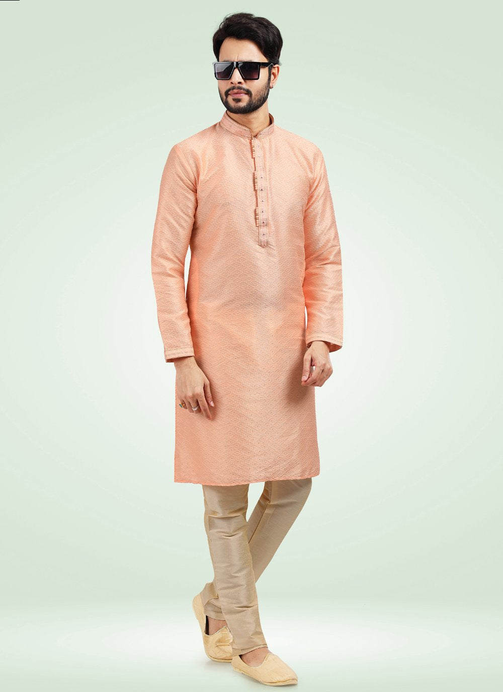 Kurta Pyjama Banarasi Jacquard Peach Fancy Work Mens