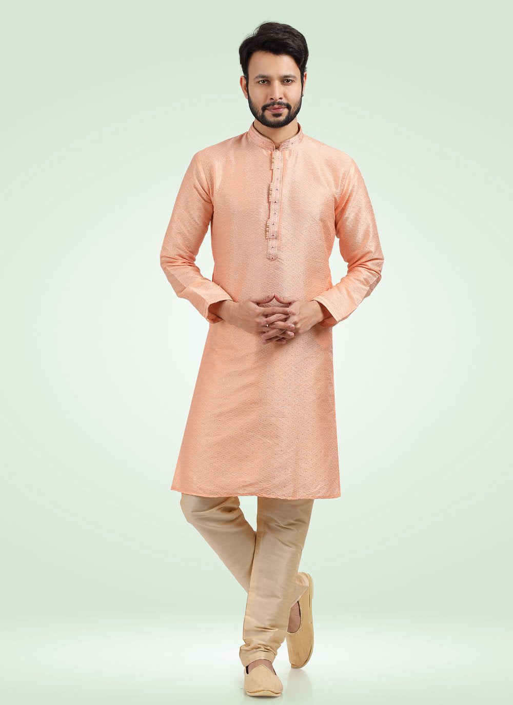 Kurta Pyjama Banarasi Jacquard Peach Fancy Work Mens