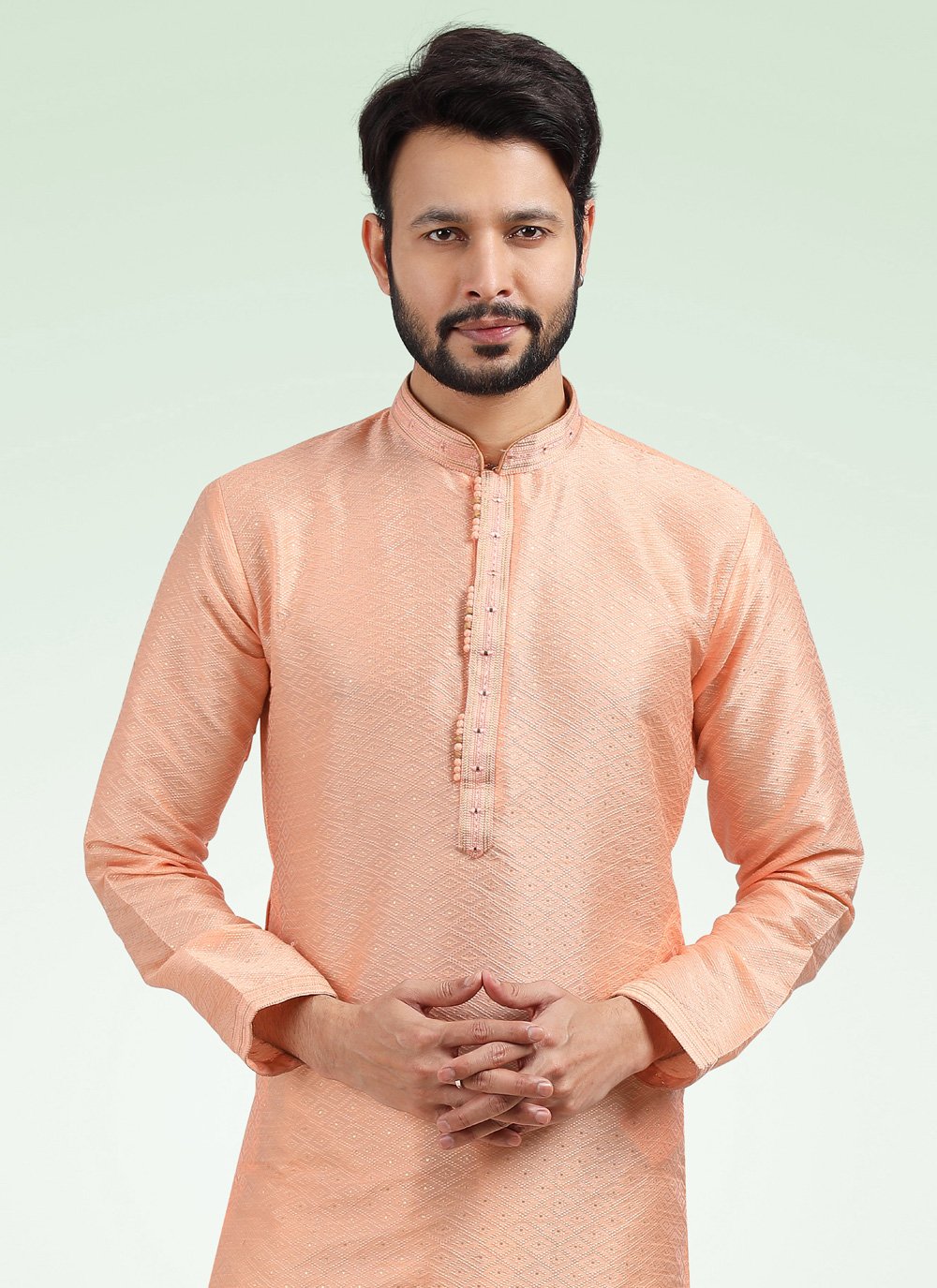 Kurta Pyjama Banarasi Jacquard Peach Fancy Work Mens