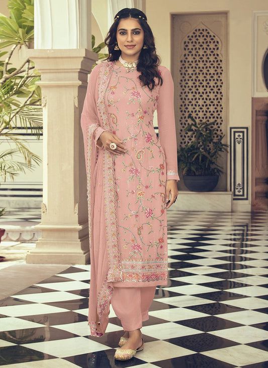 Pant Style Suit Faux Georgette Peach Embroidered Salwar Kameez