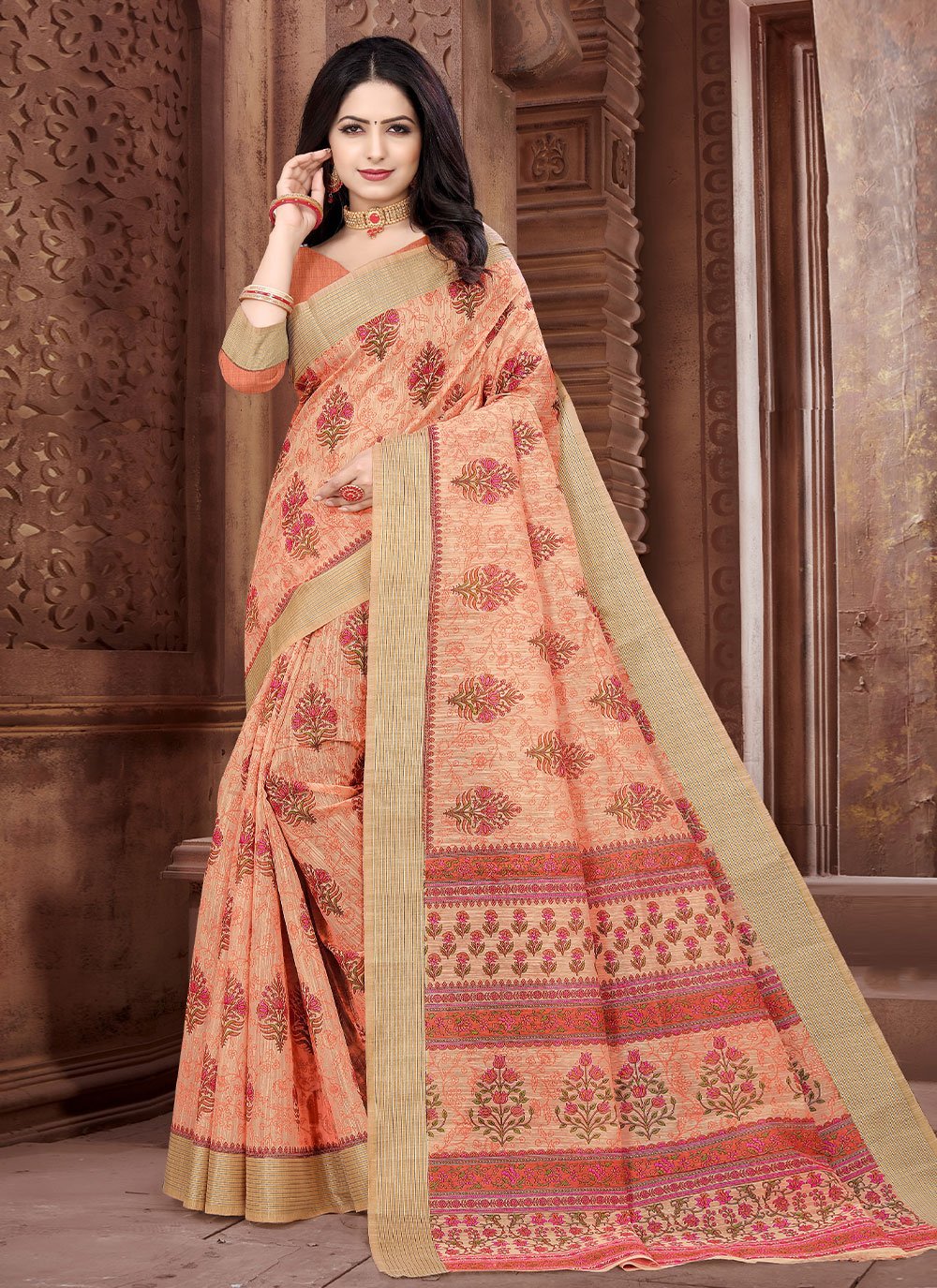 Classic Cotton Peach Print Saree