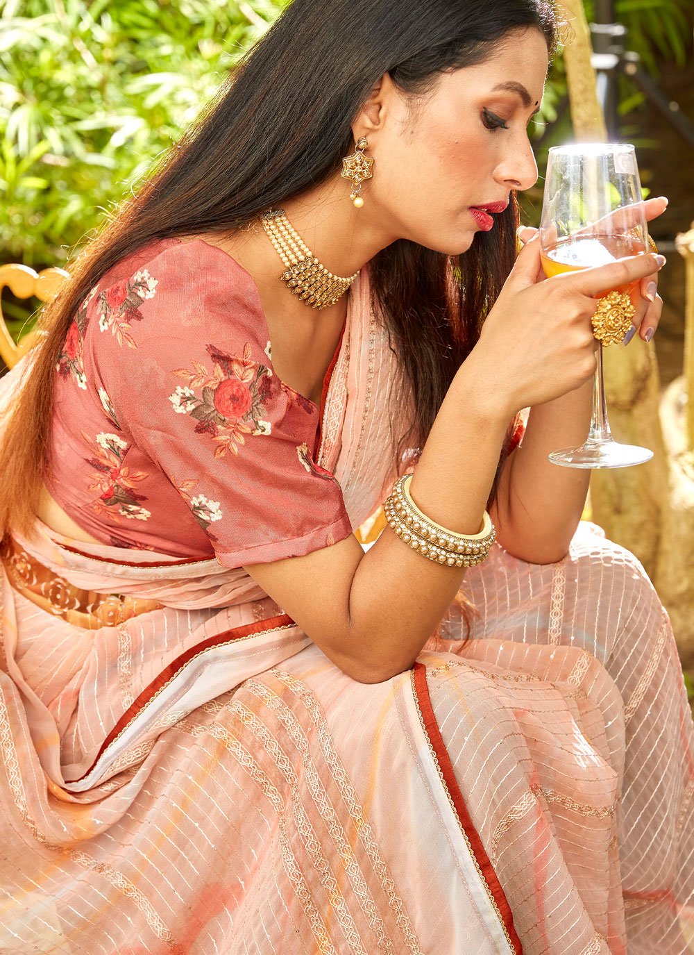 Classic Chiffon Peach Swarovski Saree