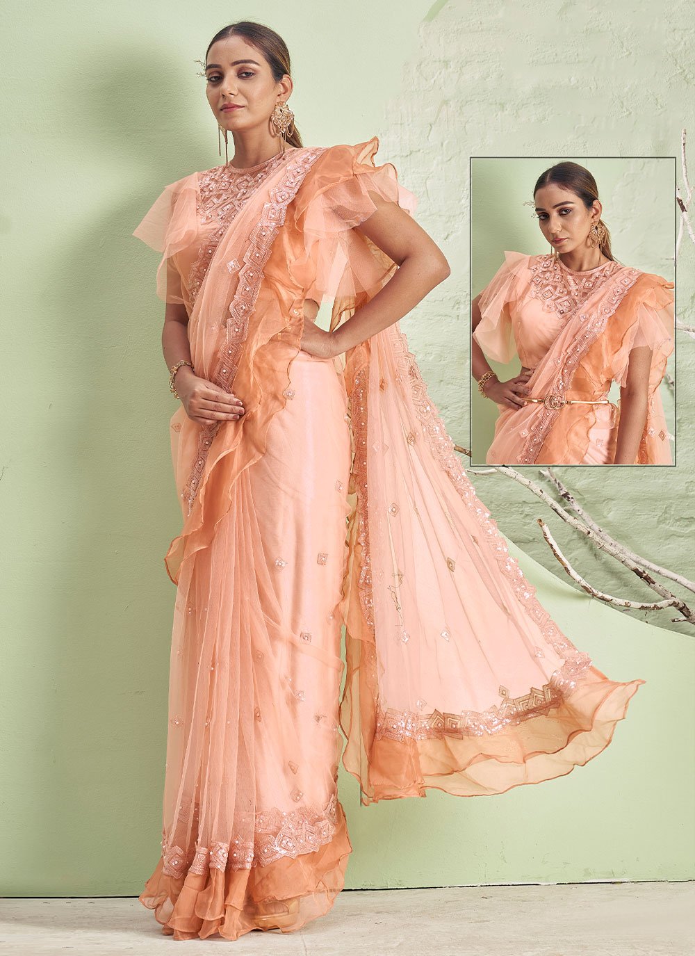 Designer Lycra Peach Embroidered Saree