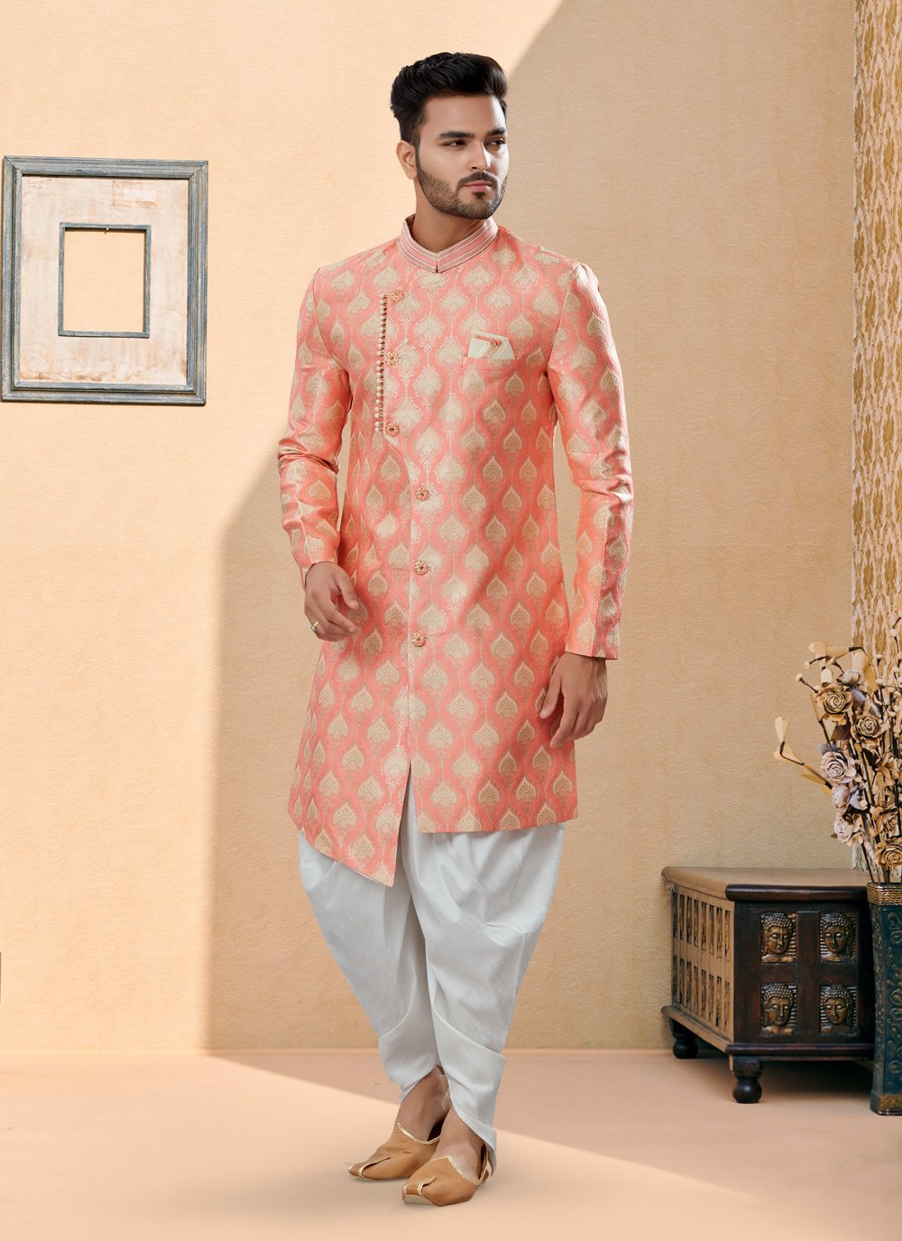 Indo Western Sherwani Banarasi Jacquard Peach Stone Mens