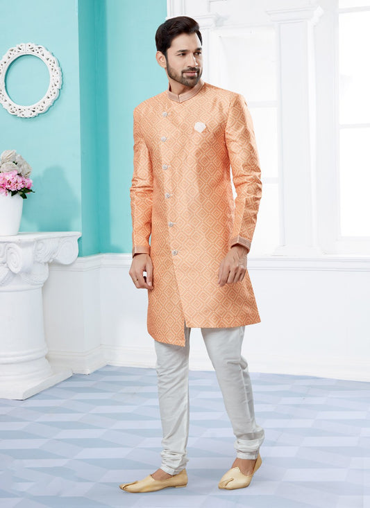 Indo Western Sherwani Jacquard Peach Digital Print Mens