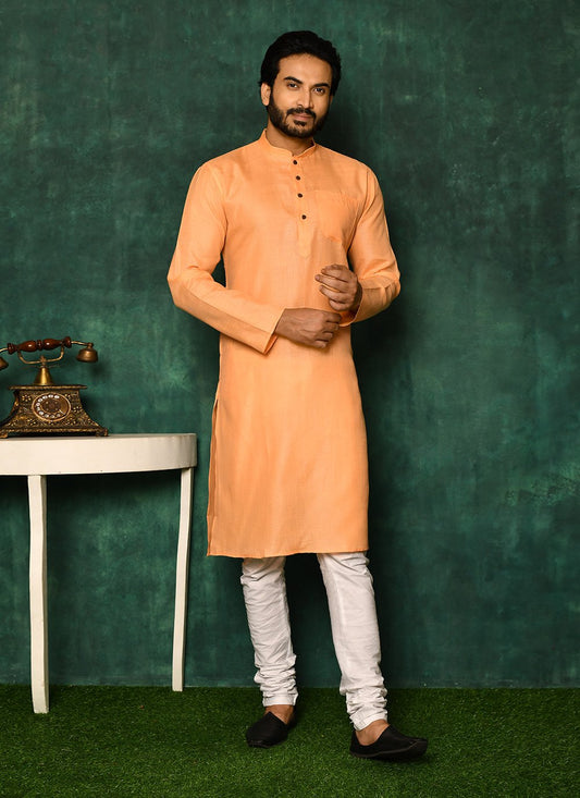 Kurta Pyjama Cotton Peach Plain Mens