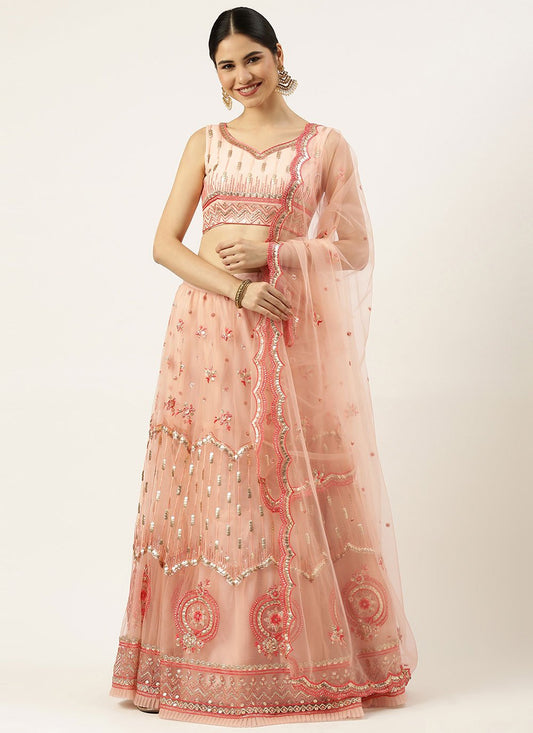 Lehenga Choli Net Peach Embroidered Lehenga Choli