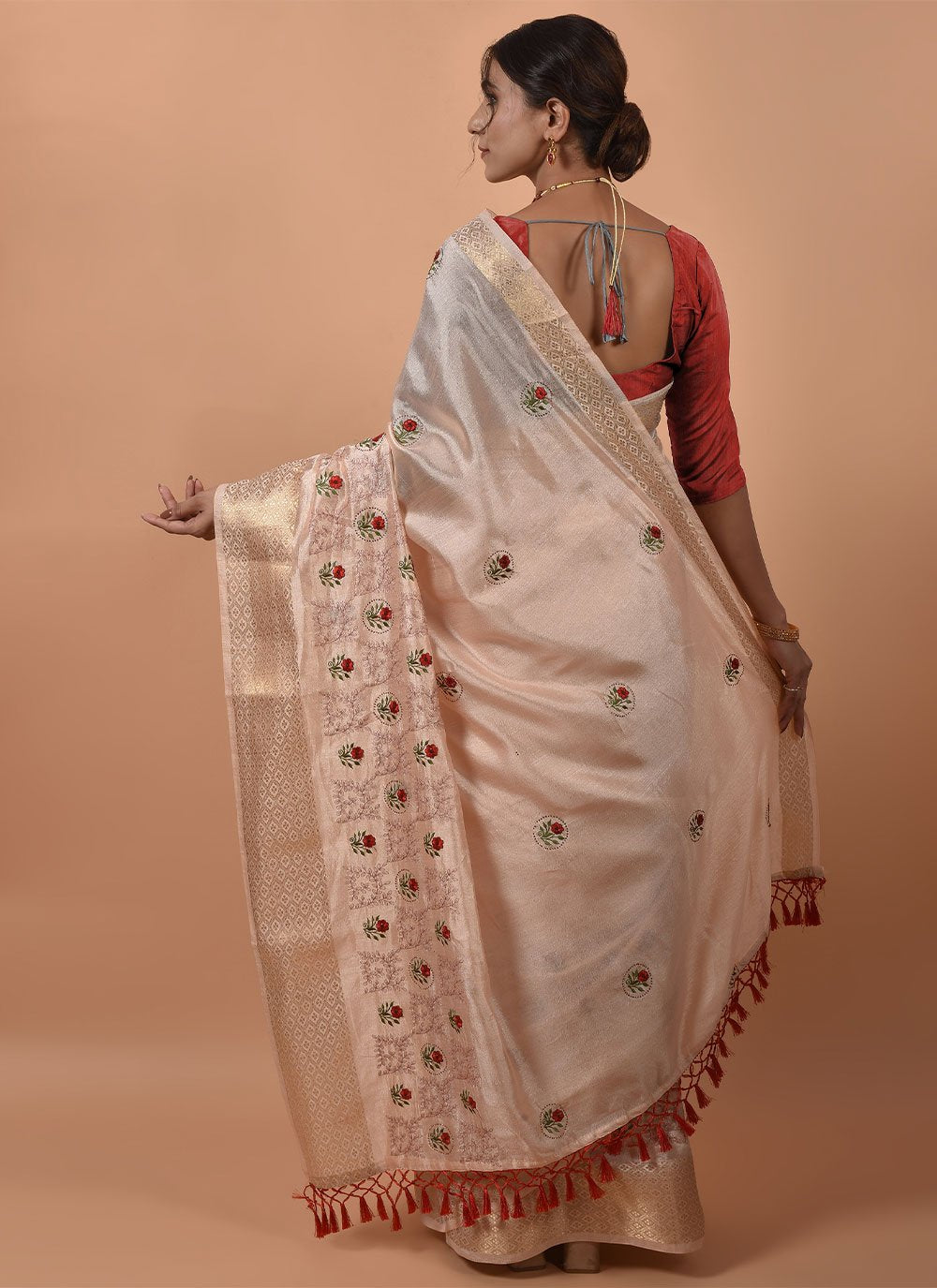 Contemporary Poly Silk Peach Embroidered Saree