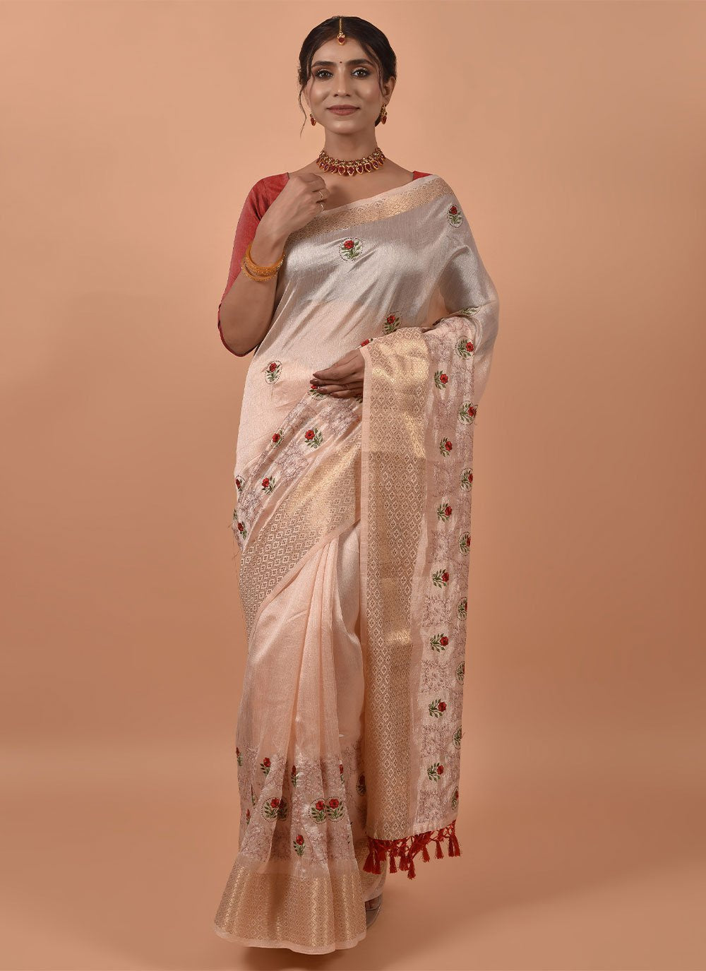 Contemporary Poly Silk Peach Embroidered Saree