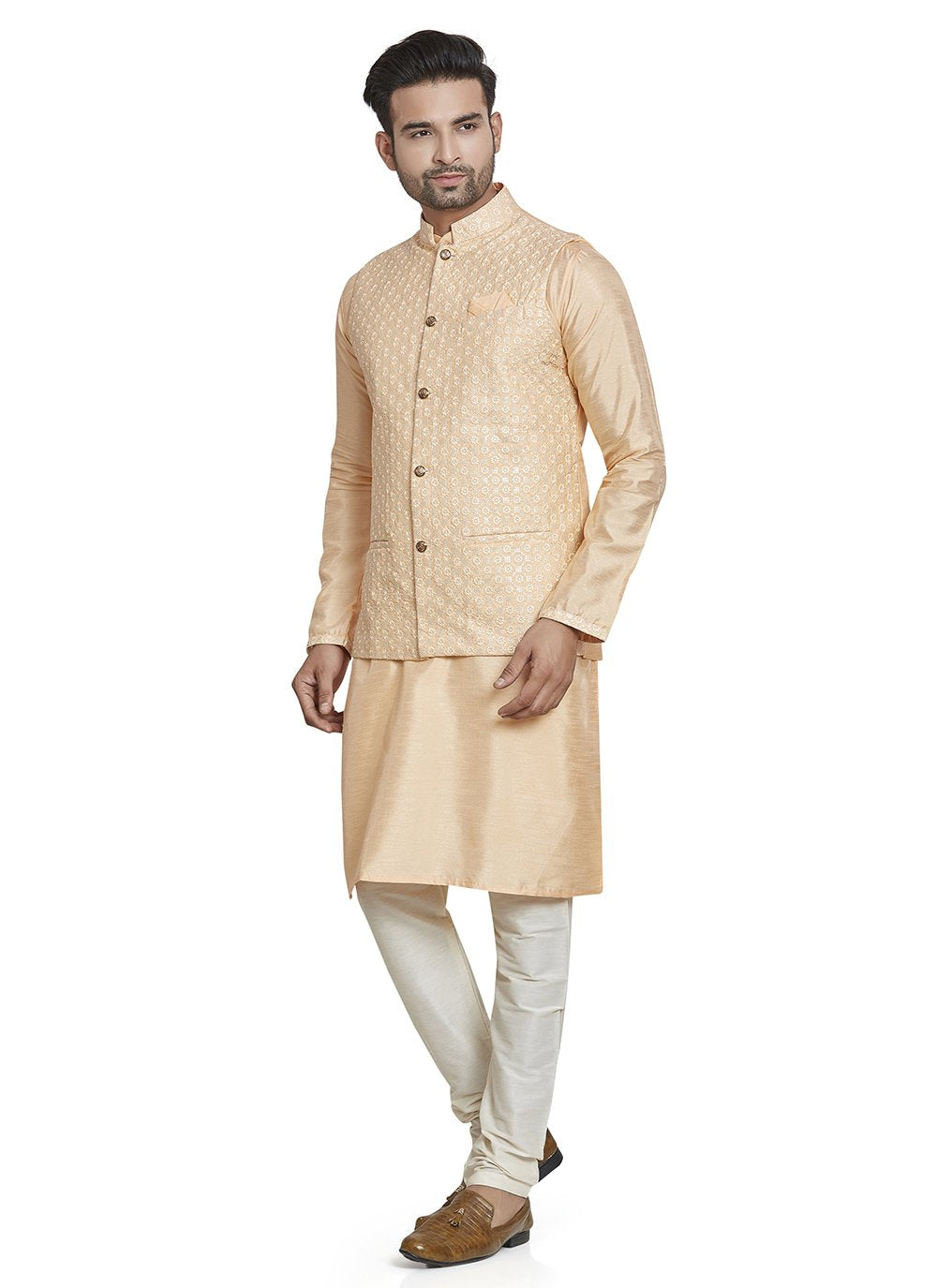 Kurta Payjama With Jacket Silk Peach Embroidered Mens