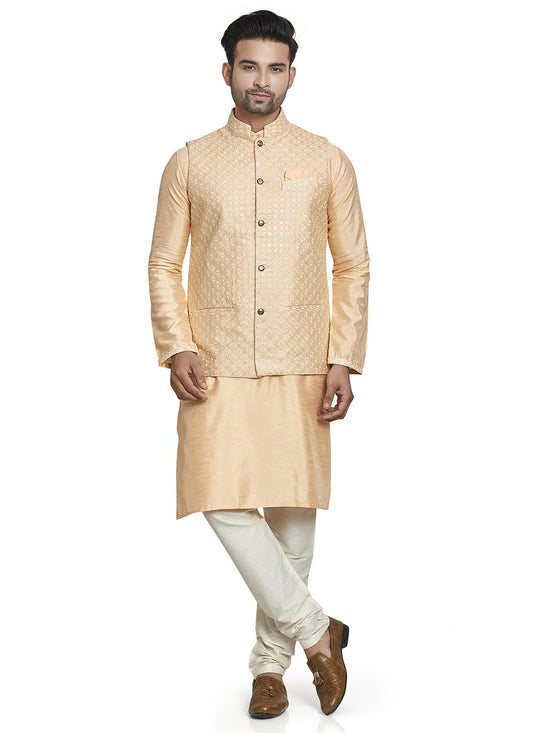 Kurta Payjama With Jacket Silk Peach Embroidered Mens