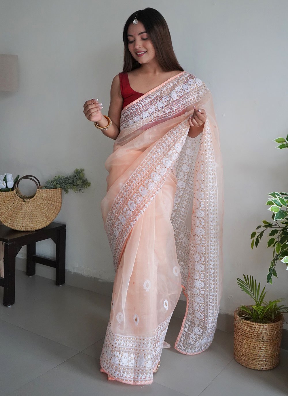 Trendy Saree Organza Peach Embroidered Saree