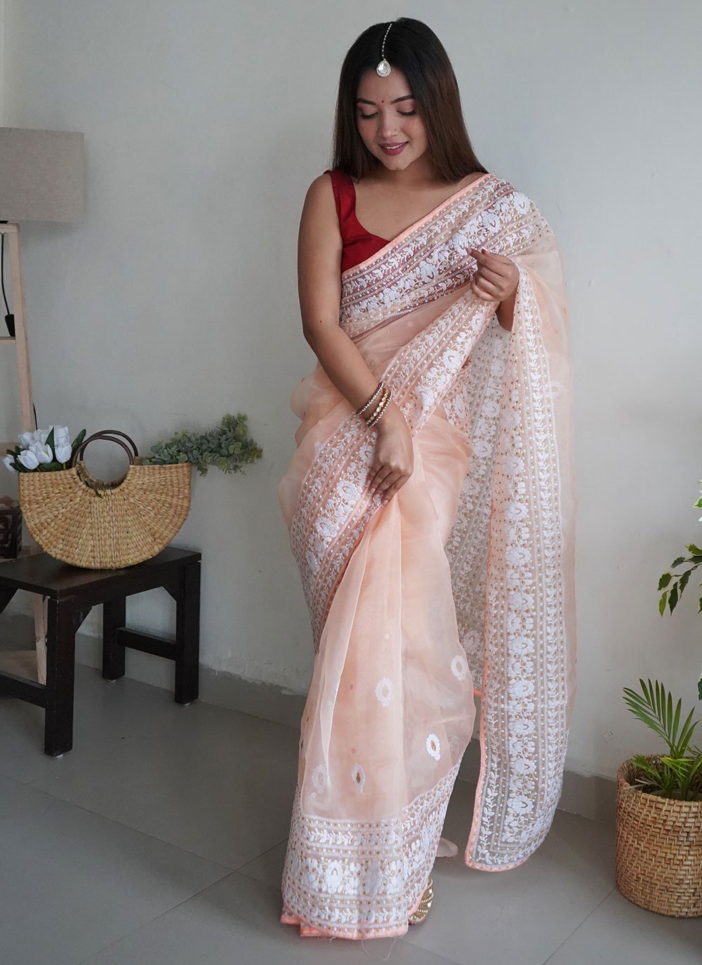 Trendy Saree Organza Peach Embroidered Saree