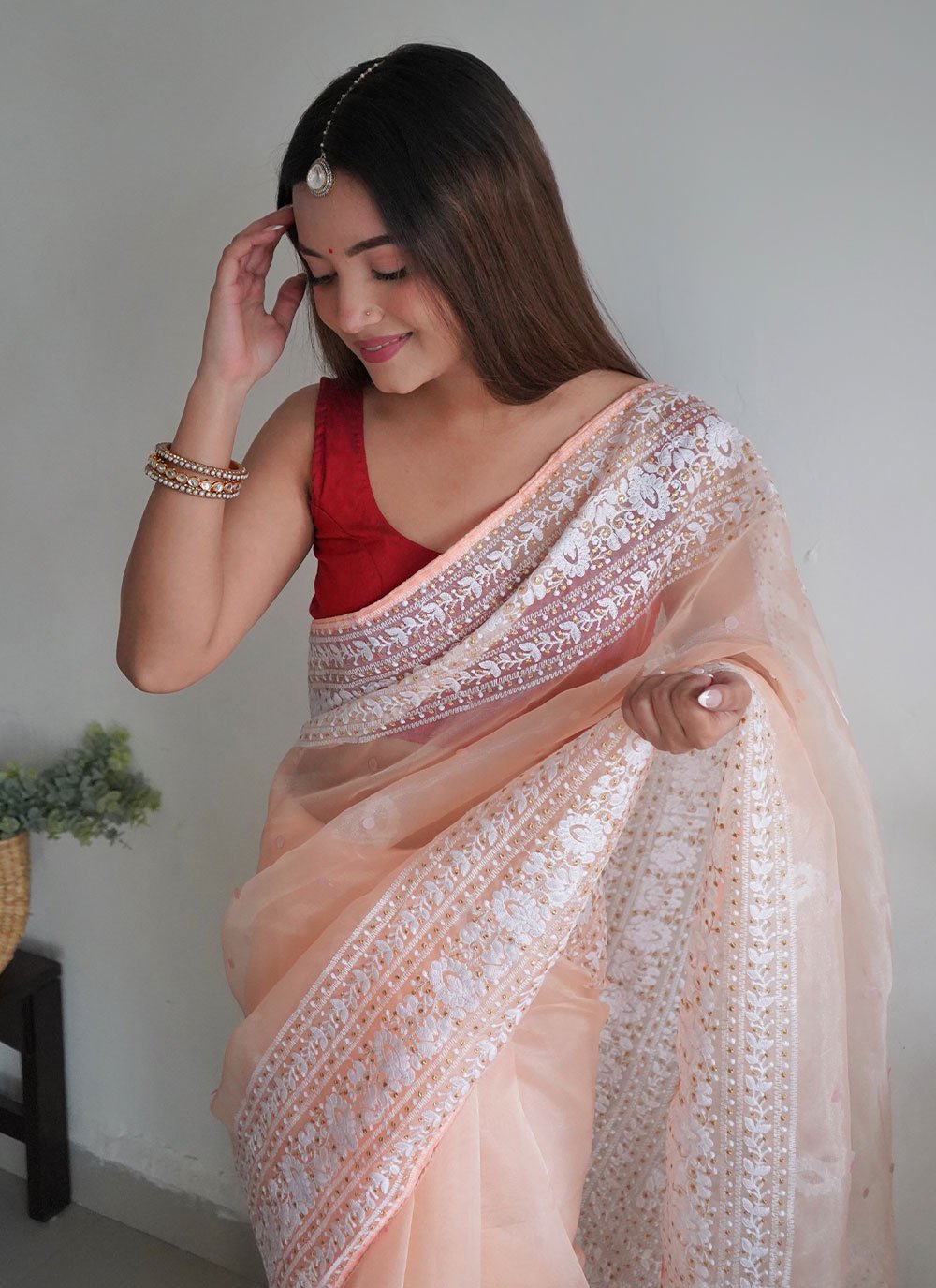 Trendy Saree Organza Peach Embroidered Saree