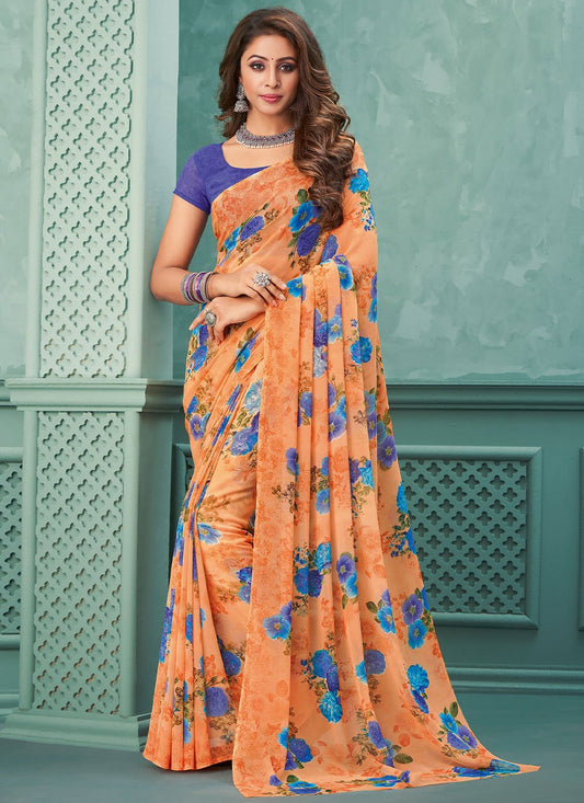 Casual Georgette Peach Floral Patch Saree