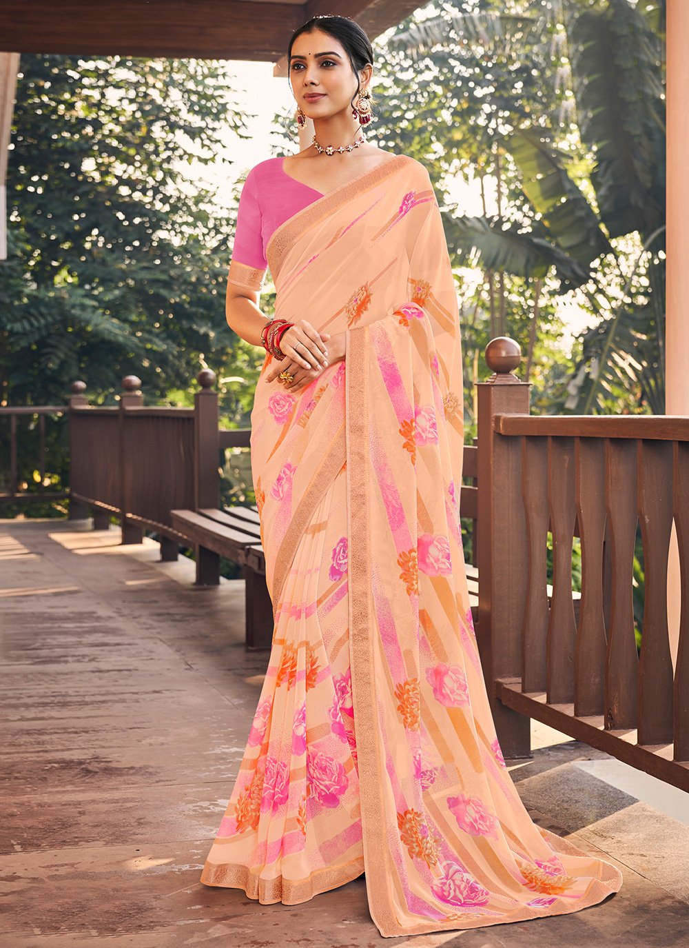 Designer Trendy Saree Georgette Peach Floral Patch Saree