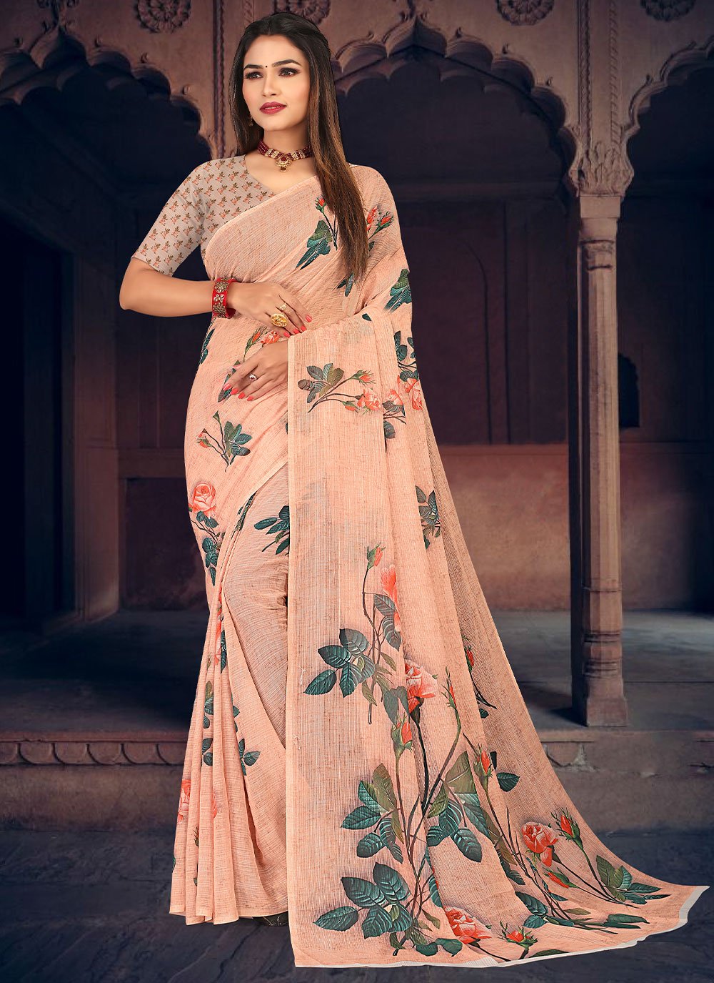 Classic Georgette Peach Digital Print Saree