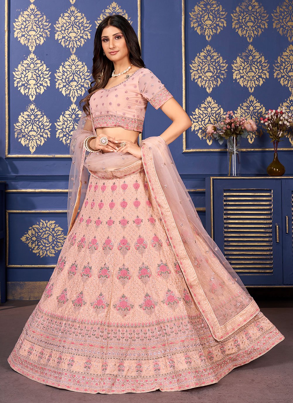 A Line Lehenga Georgette Peach Embroidered Lehenga Choli