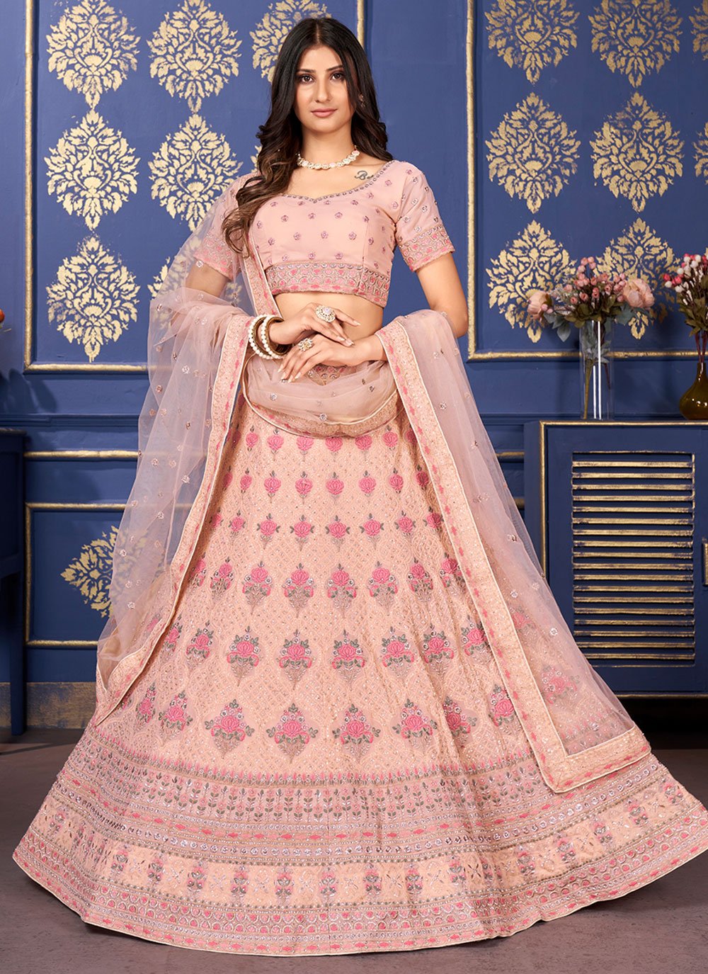 A Line Lehenga Georgette Peach Embroidered Lehenga Choli