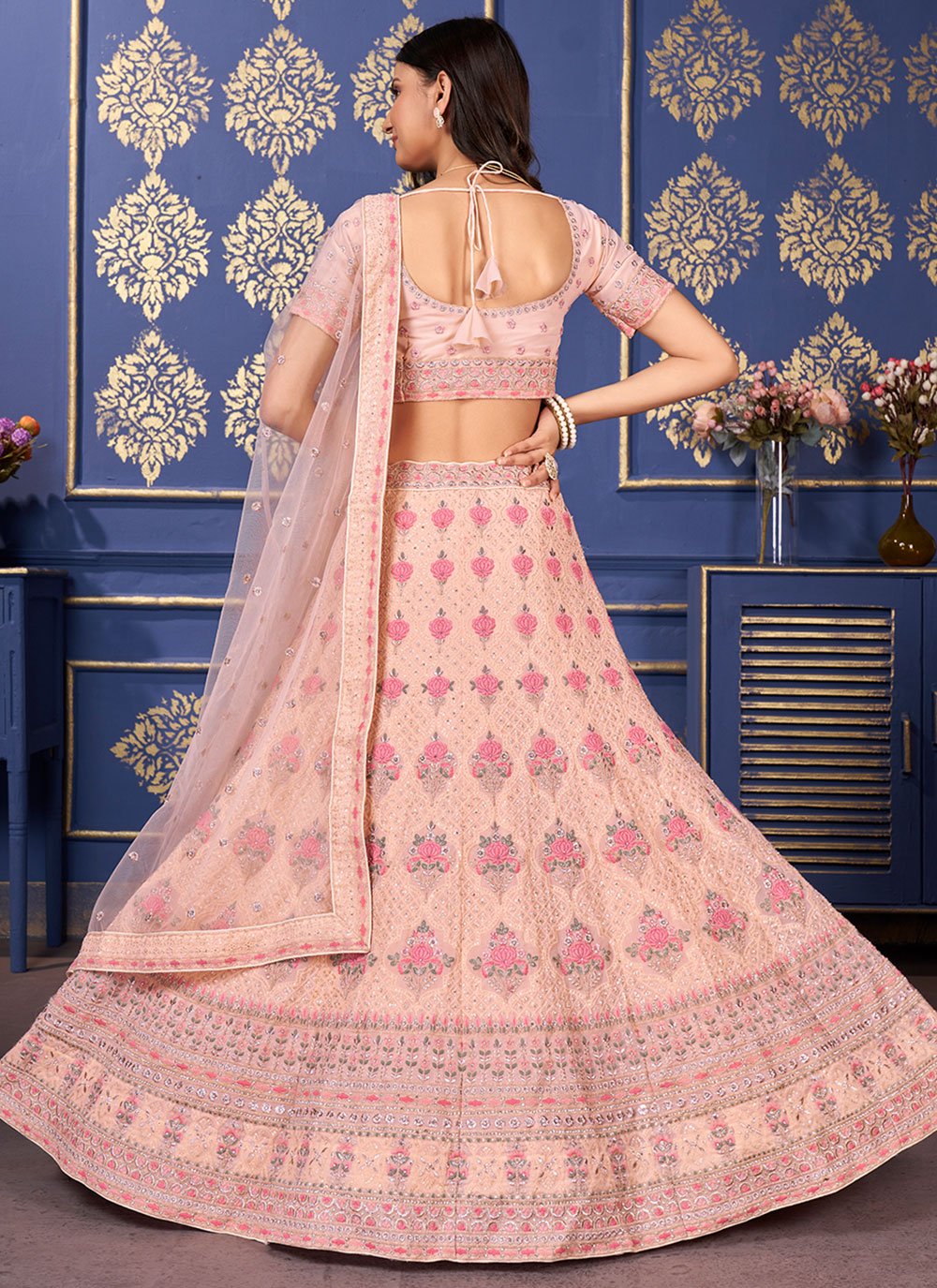 A Line Lehenga Georgette Peach Embroidered Lehenga Choli