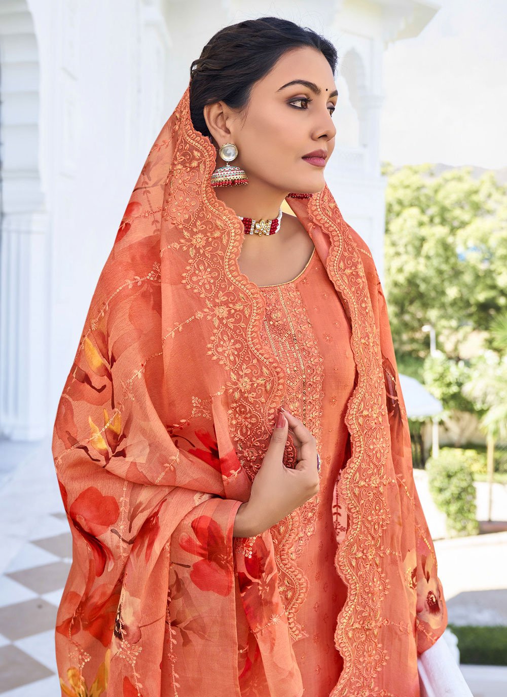 Salwar Suit Georgette Peach Embroidered Salwar Kameez