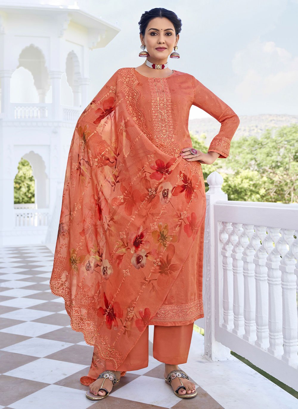 Salwar Suit Georgette Peach Embroidered Salwar Kameez