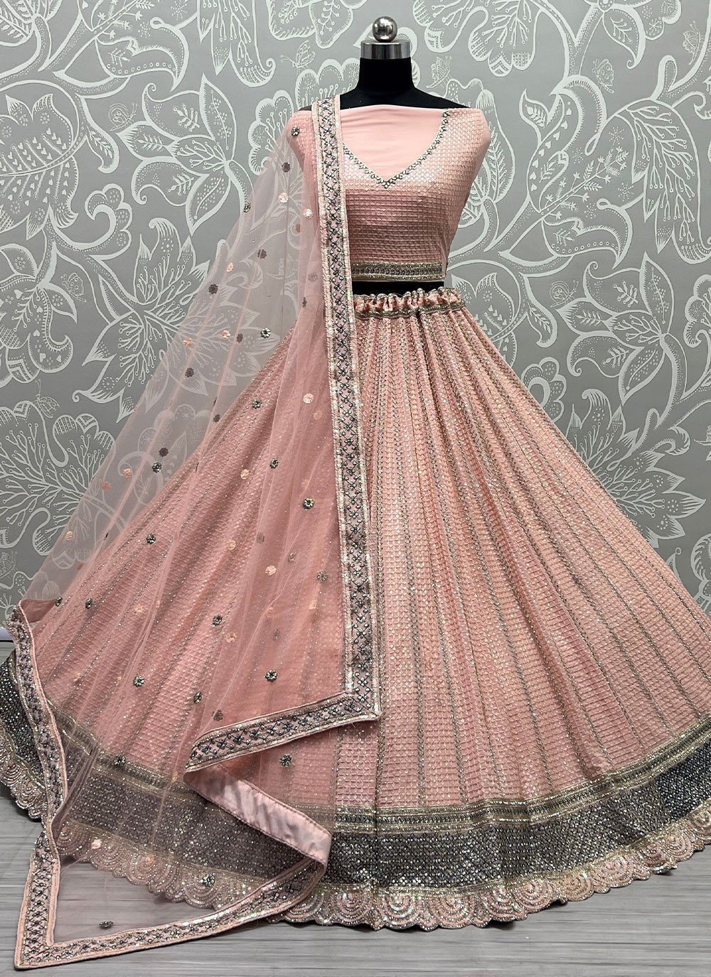 Lehenga Choli Georgette Peach Embroidered Lehenga Choli