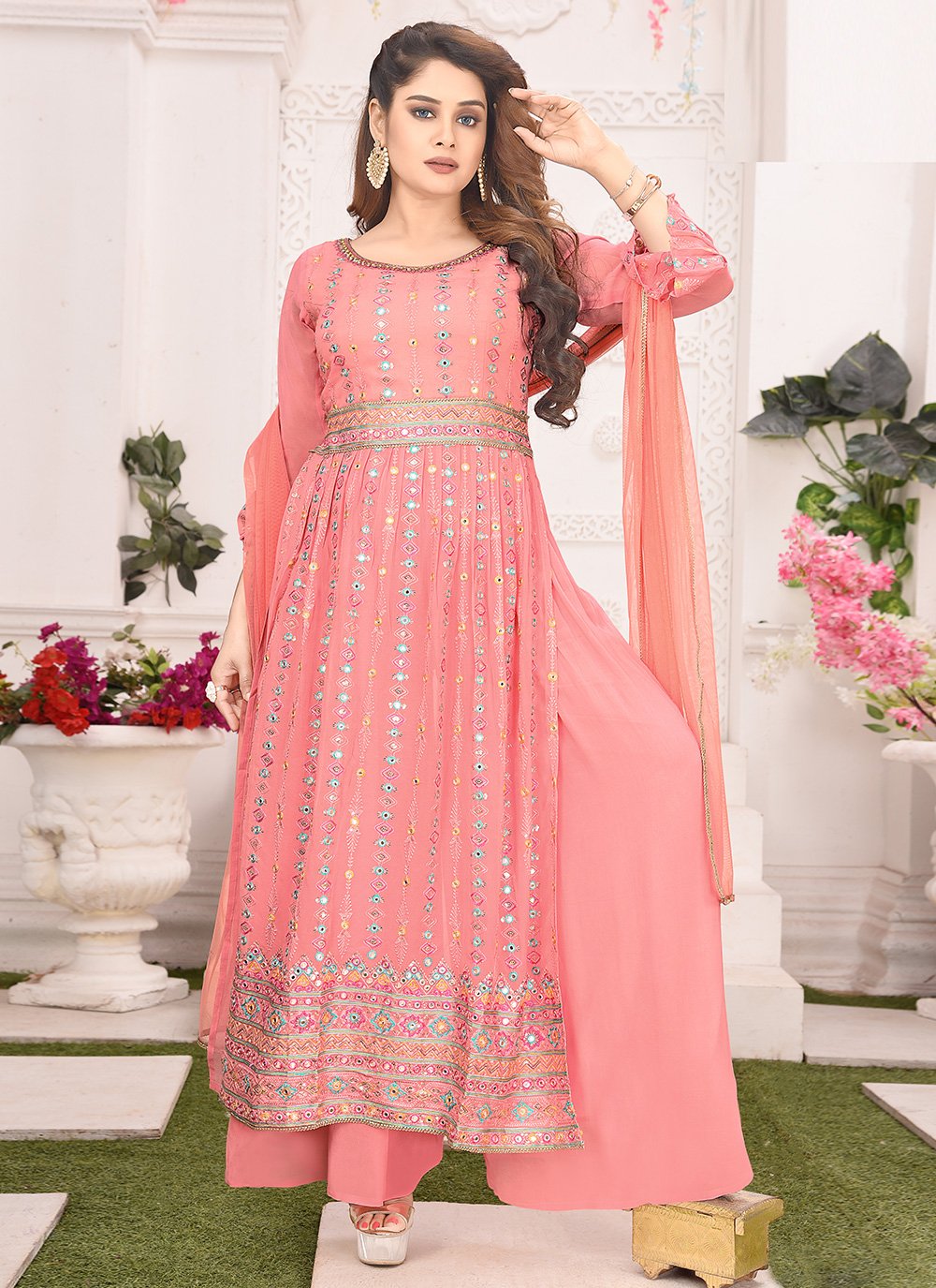 Salwar Suit Georgette Peach Embroidered Salwar Kameez