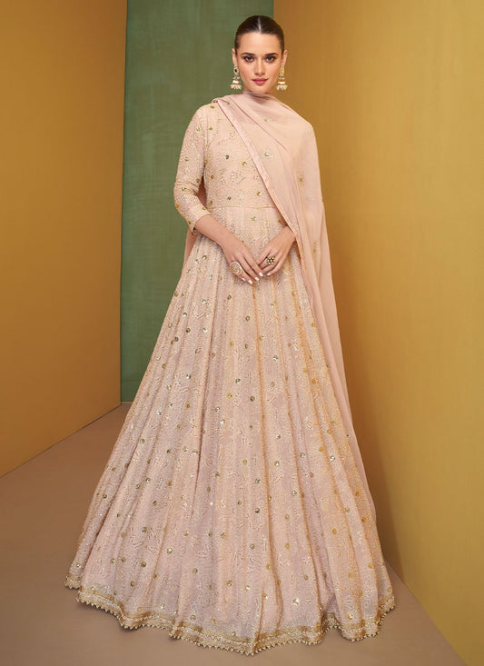 Salwar Suit Georgette Peach Embroidered Salwar Kameez