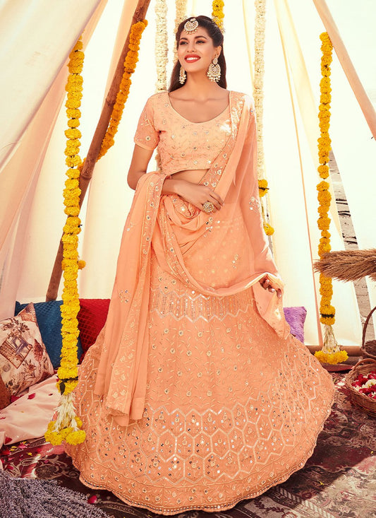 Lehenga Choli Georgette Peach Embroidered Lehenga Choli