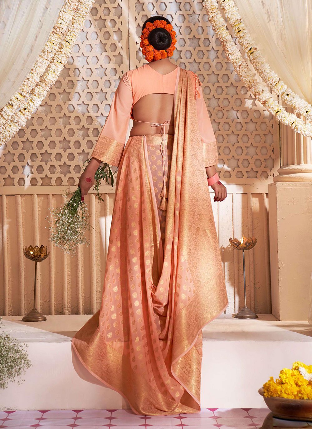 Designer Georgette Peach Weaving Saree